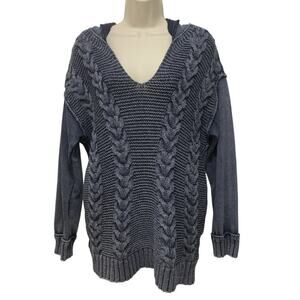 INC International Concepts Blue Cotton Mixed Media Hoodie Sweater L Lagenlook